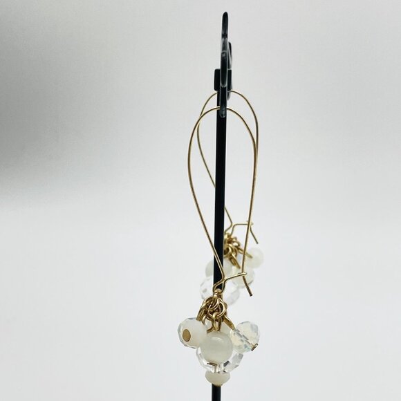 Gold Tone Drop Earrings White Bead Cluster Clear Crystal Dangle Modern - Picture 7 of 10